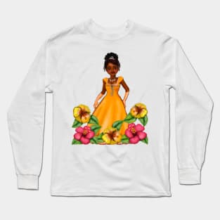 Princess Coco with hibiscus flowers  ! beautiful  black girl with Afro hair, brown eyes and dark brown skin. Hair love ! Long Sleeve T-Shirt